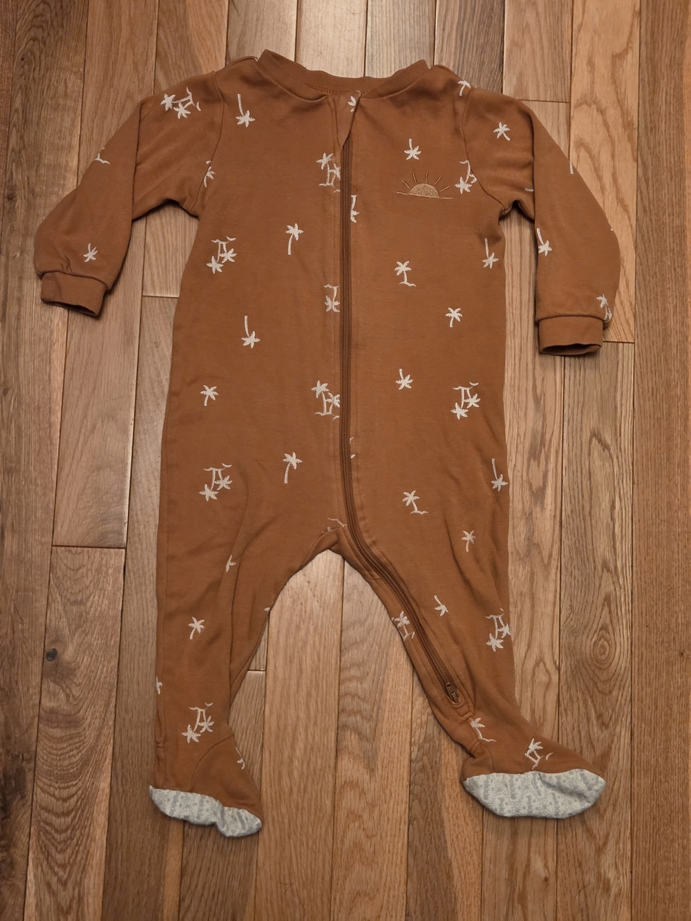 5/$20 Pekkle 12M Tan Palm Tree Print Footed Onsie Zipper Sleeper Pajamas